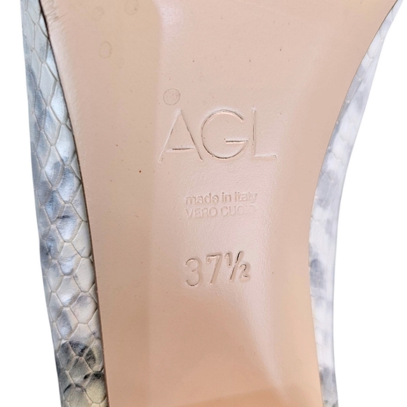 AGL Leather Snakeskin Pointed Toe Mules Size 7.5 Green & Gray Designer Luxury - Picture 12 of 15